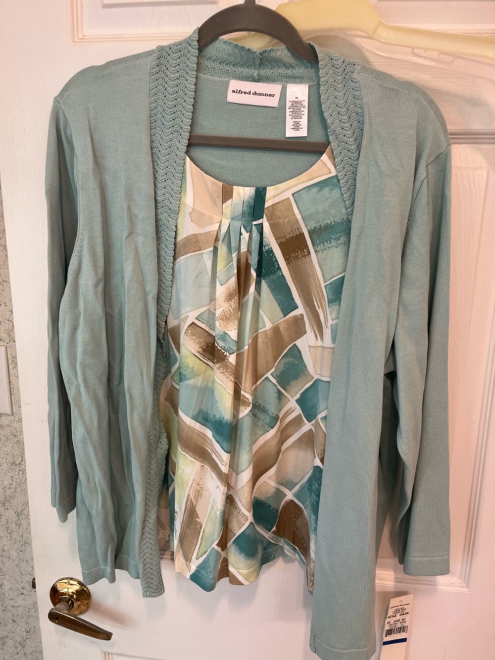 Alfred Dunner Teal Layered Cardigan Set with Geo-Print Shell XL